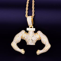 Gold Big Block Flexing Pendant Cuban Chain Necklace Silver Colour Cubic Zirconia Men's Hip hop Rock Jewellery 5.2x5cm