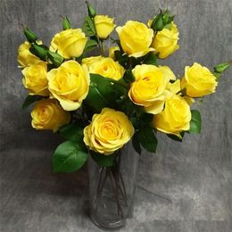 Fake Short Stem Champagne Rose Flower (3 stems/piece) 19.69" Length Simulation China Roses for Wedding Home Decorative Artificial Flowers