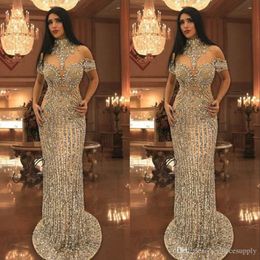 2020 Arabic Rhinestone Crystals Reflective Evening Dresses High Neck Beads Short Sleeve Sparkly Mermaid Prom Dress Dubai Celebrity Dresses