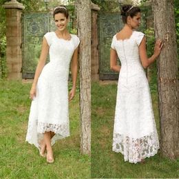 Modest Full Lace A-line Wedding Dresses 2020 Vintage Scoop Neck Tea-length Bridal Gowns Boho Hi-Lo Wedding Dresses264u