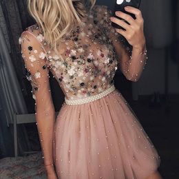 Pink Tulle Mini Short Homecoming Dresses dubai kaftan abaya Long Sleeve Sort Prom Dress Gown Party Cocktail Dresses With Beads Cheap 2019