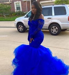 Plus Size African Prom Dresses Girls With Long Sleeve Lace Beaded Off The Shoulder Mermaid evening dresses Ruffles Pageant Formal Dress