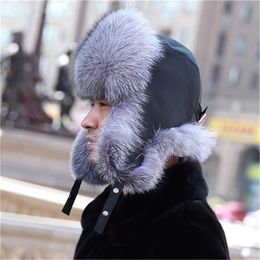 Mens Real Fox Fur and real leather Hat Russian Ushanka Winter Aviator Trapper Bomber Ski Earmuffs Cap