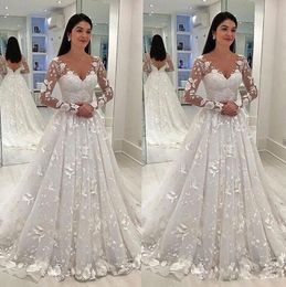 Newest Ball Gown Wedding Dresses V Neck Long Sleeve Tulle Lace Applique Wedding Gowns Sweep Train robe de mariée