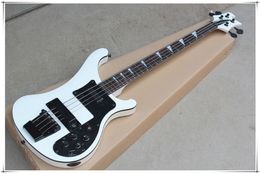 4 Strings White Body Electric Bass Guitar with Body Binding,Black Pickguard/Hardware,Can be customized