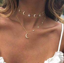 Bohemian Multilayer Pendant Necklaces for Women Vintage Gold Chain Long Moon Star Statement Necklace Fashion Choker Beach Party Jewellery DHL