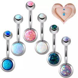 6 Colors Double Round Opal Stainless Steel Jewelry Navel Bars Silver Belly Button Ring Navel Body Piercing Jewelry