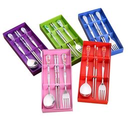 Wedding Gift Favours Purple Flowers Stainless Steel Fork Spoon and Chopsticks 3 in 1 Set 100sets wholesale SN1645