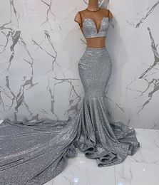 Simple Sexy Cheap Sier Sequined Two Piece Mermaid Prom Dresses Jewel Neck See Through Court Train Party Evening Gowns Vestidos De Fiesta