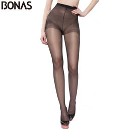 BONAS 15D Summer Nylon Seamless Pantyhose Womens Black Thin Tights Fashion Stretchy Hosiery Spandex Pantyhose Solid Color Female