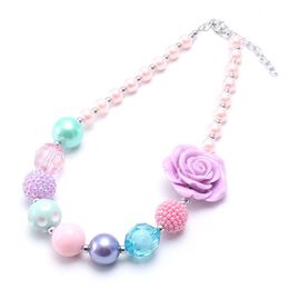 Spring color kids girls chunky beads necklace purple rose flower chunky bubblegum necklace charming jewelry for child