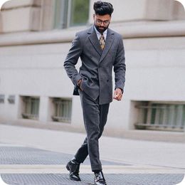 Grey Tweed Men Suits For Wedding Double Breasted Notched Lapel Blazer Vintage Tailored Made Tuxedo Slim Fit Casual Best Man (Jacket+Pants)
