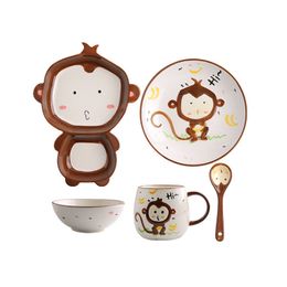 Cartoon Monkey Ceramic Dinnerware Set for Kids Children Toddler Baby Hand Painted Animal Feeding Tray Plates Dish Bowl Mug Spoon