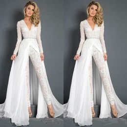 White Jumpsuits Prom Dresses Lace Deep V Neck Detachable Train Evening Party Gowns Cheap Long Sleeve Beach Special Occasion Pants Wear