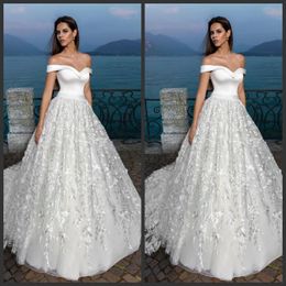 Hot Sale Stunning A Line Wedding Dresses Off Shoulder Satin Zipper Back Bridal Gowns Lace Tiered Skirts Sweep Train Wedding Gowns