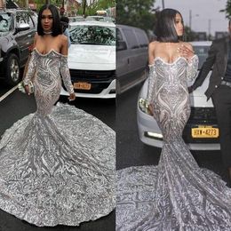 Sparkly Silver Sequins Applique Evening Reflective Dresses 2020 African Black Girls Long Sleeve Mermaid Cathedral Train Prom Dress