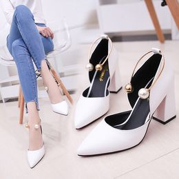 elegant pearl high heels 2019 new white thick with single shoes middle hollow fashion simple womens shoes work shoes
