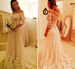 2019 New Arrival Off Shoulder Wedding Dress Noble 3/4 Long Sleeve Lace Appliques Country Garden Bride Bridal Gown Custom Made Plus Size