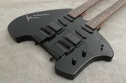 Rare Steve Black Headless Double Nekc Electric Guitar Tremolo Bridge, TransTrem, Maple Neck, Dot Inlay, Black Hardware