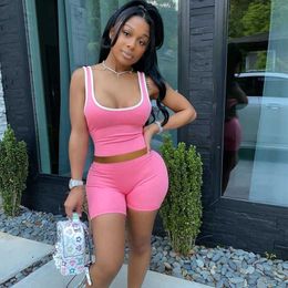 Casual Sport Suit Women Tracksuit 2 Piece Set Solid Short Pink Tank Crop Top Biker Shorts Set Two Piece Outfits Matching Sets