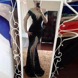 Setwell Off Shoulder Mermaid Evening Dresses Sexy Deep V-neck Short Sleeves High Split Crystals Beaded Long Prom Party Gowns