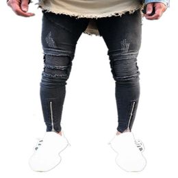 Mens Ripped Pleated Leg Zipper Jean Fashion High Street Biker Denim Pencil Pants Male Hip Hop Fashion Slim Distressed Long Jeans