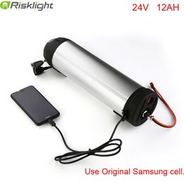24V 350W Rechargeable lithium battery 24V 12AH bottle case Electric Bicycle Battery with 15A BMS and 29.4V 2A charger+USB port