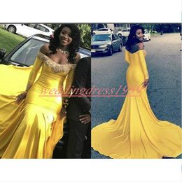 Sexy Yellow Beads African Mermaid Prom Dresses Satin Long Sleeve Cheap Plus Size Black Girl Evening Robe De Soire Party African Formal Gowns