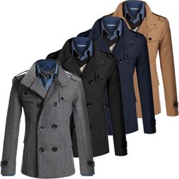 Mens Winter Coat Men Winter Warm Trench Coat Reefer Jackets Solid Color Stand Collar Double Breasted Peacoat