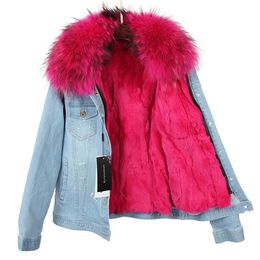 Rosa cuello de piel de mapache mujer abrigos cálidos forro de piel de conejo rosa azul claro mini demin chaquetas