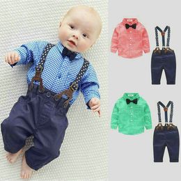 Kids Gentleman Clothes Autumn Spring Newborn Baby Sets Infant Clothing Suit Plaid Shirt Bow Tie Suspend Trousers 2pcs Suits