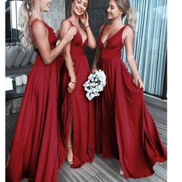 deep red bridesmaid dresses Canada - red bridesmaid dresses 2020 deep v neck pleats side slit chiffon floor length wedding party dresses wedding guest dresses