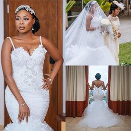 2020 African Mermaid Wedding Dresses Plus Size Spaghetti Straps Lace Beaded Backless Black Girls Bridal Wedding Gowns Robe De Mariee