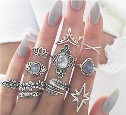 11 Pcs/set Women Boho Carving Flowers Leaves Water Drop Stars Crystals Gem Joint Ring Lady Party Silver Wedding Ring