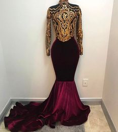 Real Fotos 2020 Africano ouro e Borgonha Mermaid Prom Vestidos alta Neck mangas compridas de veludo vestido de noite árabe Partido Vestidos