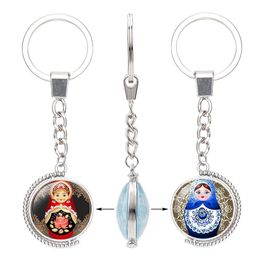 New Matryoshka Double sided Rotable Keychains Glass Cabochon Tradition Russian Doll Key chains Ring Fashion Jewellery accessories