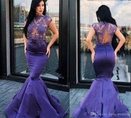 2019 Sexy Mermaid Purple Prom Dress See Through Appliques Long Formal Holidays Wear Graduation Evening Party Gown Custom Made Plus Size