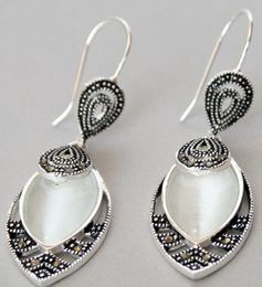 Fashion-Vintage incrustaciones marcasita 925 ganchos de plata pendientes 21/5"