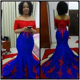 Formal Red And Royal Blue Mermaid Prom Dresses South Aafrican Plus Size Women Evening Gowns Lace Appliques Off Shoulder Formal Party Dress