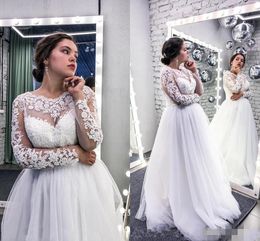 Elegant Plus Size Dresses Lace Applique Jewel Long Sleeves Illusion Floor Length A Line Country Wedding Gown Vestido De Novia Sale