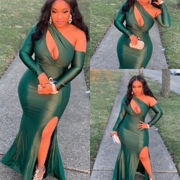 Green Plus Size Sexy Mermaid Prom Dresses Long One Shoulder Simple High Side Split Cheap Sweep Train Formal Evening Gowns vestidos de noche
