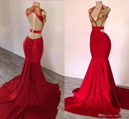Arrival Red New Gold Appliques Mermaid Prom Dress Plunging Ogstuff Elegant Formal Dresses 2019 Sweep Train Evening Gowns Custom es
