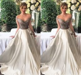 Bling Beading Crystal Dresses Evening Wear Off Shoulder A-line Evening Gowns Satin Formal A-line Dress Custom Made Prom Dress Long Cheap