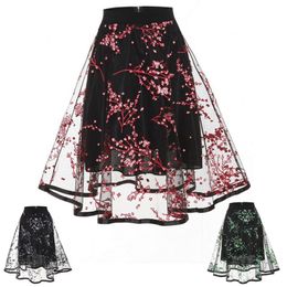 Women Casual Vintage Fashion European Style Fashion Floral Embroidery Elegant A-line Organza Tulle Skirt Black Red Green Drop Ship