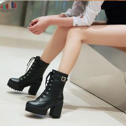 Hot Sale-Spring Autumn Fashion Women Boots High Heels Platform Buckle Lace Up Leather Short Booties Black Ladies Shoes Promotion