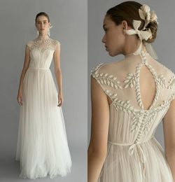 Simple A Line Chana Marelus Wedding Dresses High Neck Sleeveless Tulle Lace Applique Sash Wedding Gowns Floor Length robe de mariée