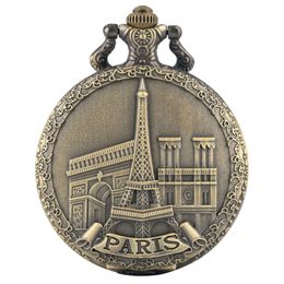 Famous Building Paris Eiffel Tower Display Quartz Pocket Watch Vintage Bronze Necklace Chain Souvenir Clock Fob Present Gift