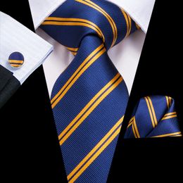 -Schnelles Verschiffen Krawatten Herren 100% Seide Mode Navy Blau Gold Gestreifte Krawatte Hanky ​​Manschettenknöpfe Sets für Herren Formale Hochzeit Bräutigam N-3136