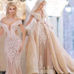 luxury mermaid overskirts wedding dresses lace applique off the shoulder african bridal gowns with detachable train vestido de novia