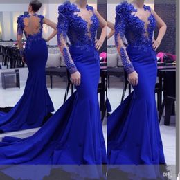Cheap Royal Blue Prom Dresses One Shoulder Lace Appliques Beaded Flowers Mermaid Long Sleeve Sheer Back Formal Evening Party Pageant Gowns